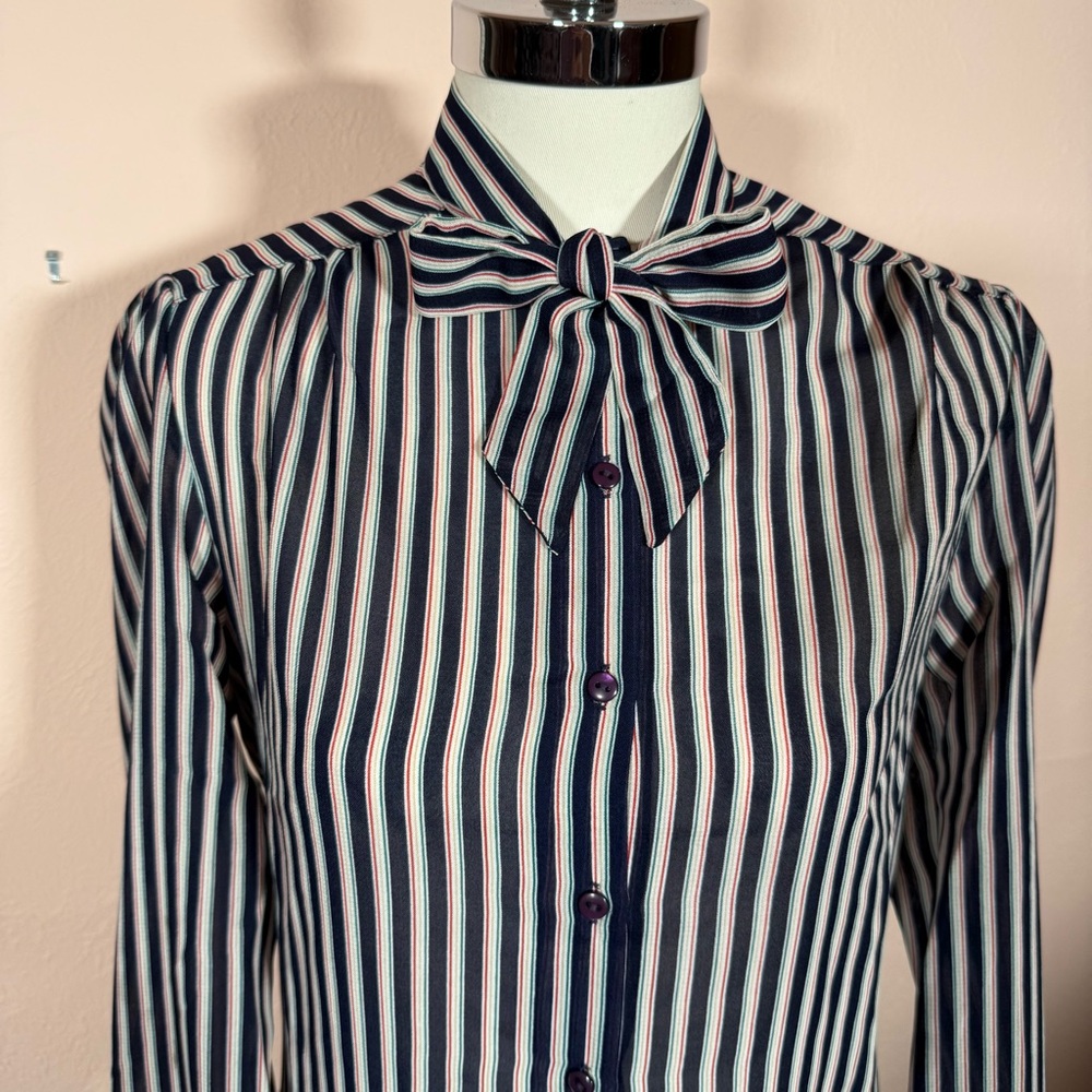 Vintage 70’s Panther navy white striped Puff sleeves Tie Bow Neck Blouse medium